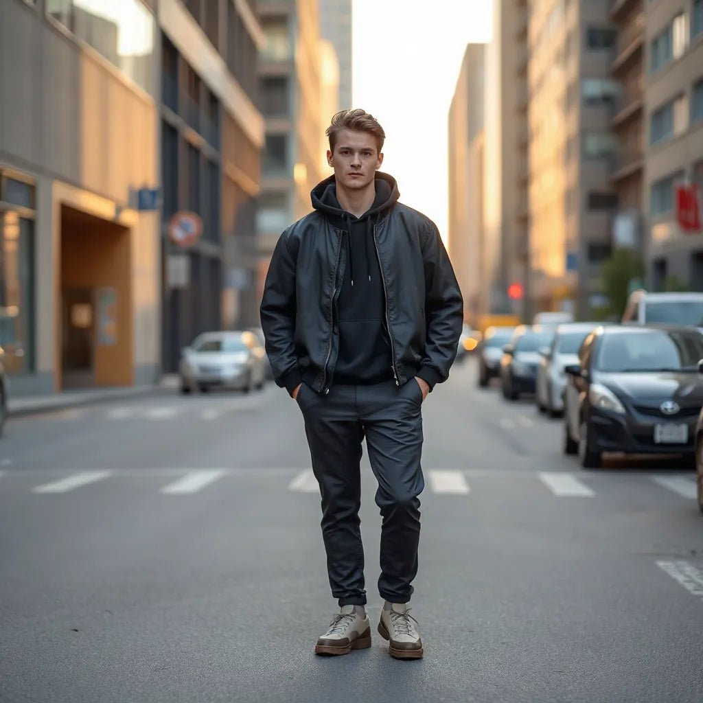 Model in a minimalist luxury streetwear outfit on a quiet city street at golden hour.
