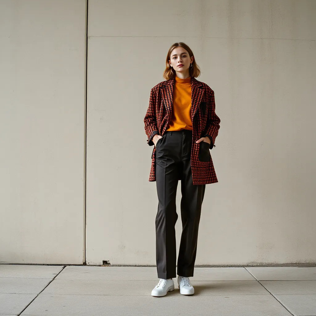 Model wearing a bold statement blazer with simple tailored pants in a minimal street setting