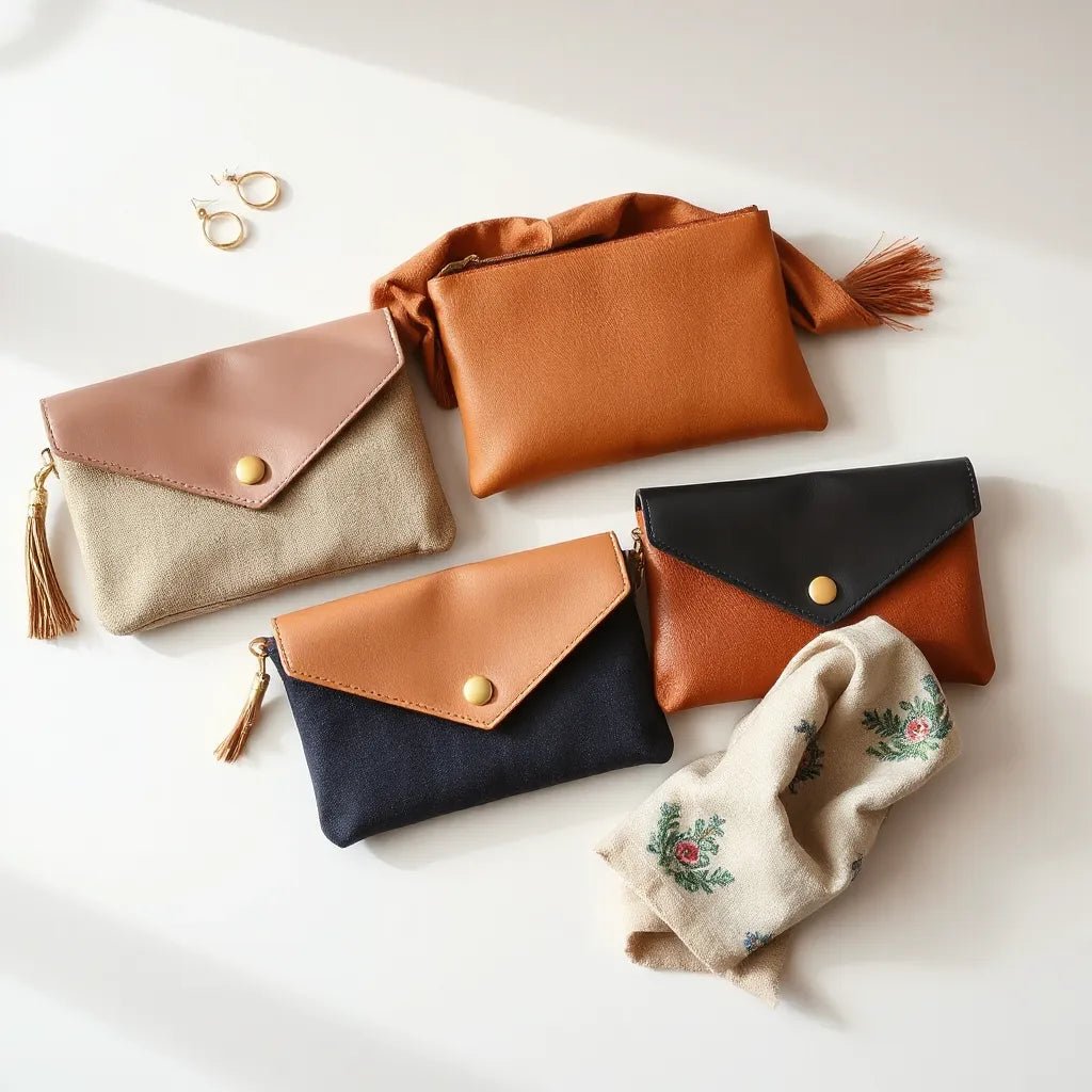 Handmade clutches with different textures and colors arranged on a neutral background under soft light