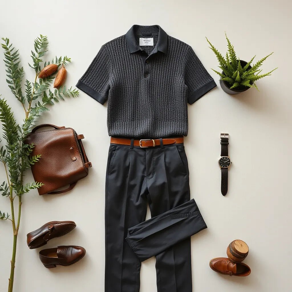 Tailored knit polo and relaxed trousers styled with a leather belt and minimalist watch on a neutral background