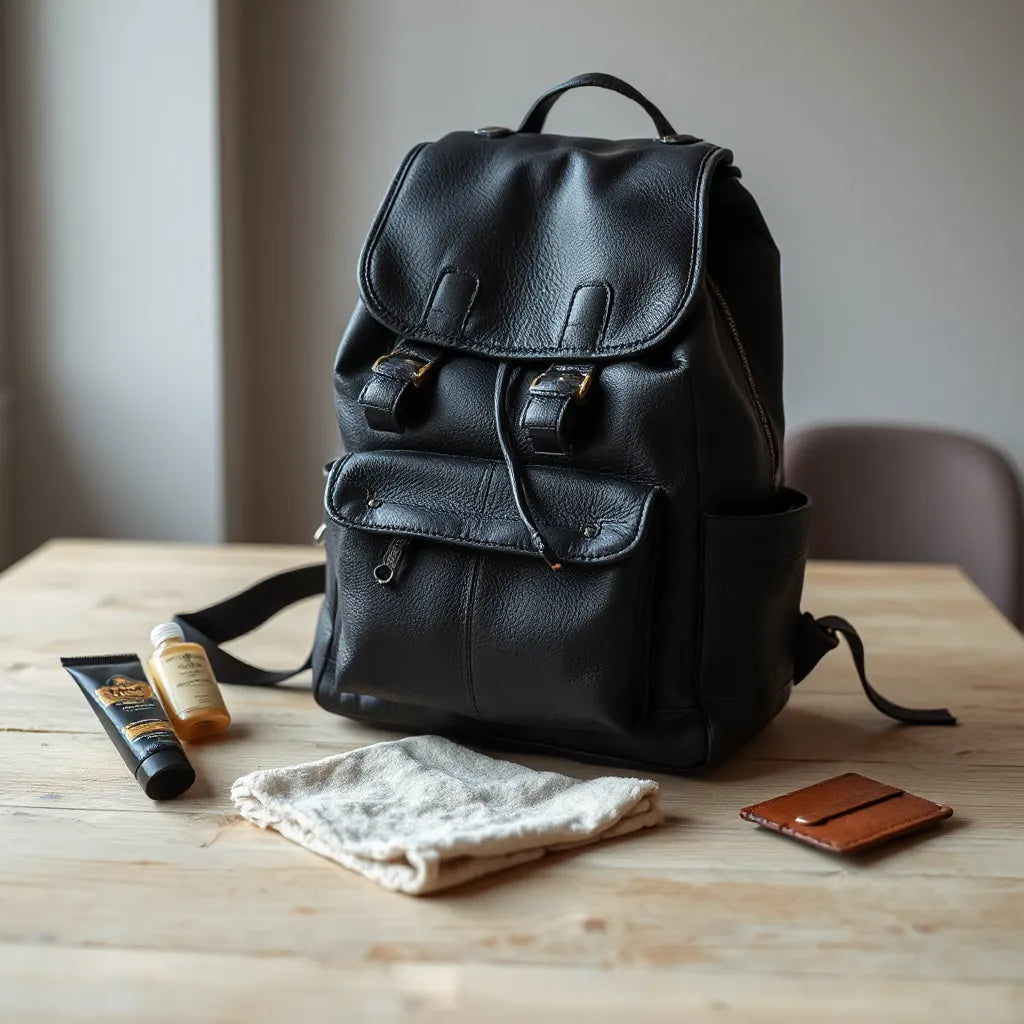 Black leather backpack with distinctive hardware on a minimal table with leather care items nearby