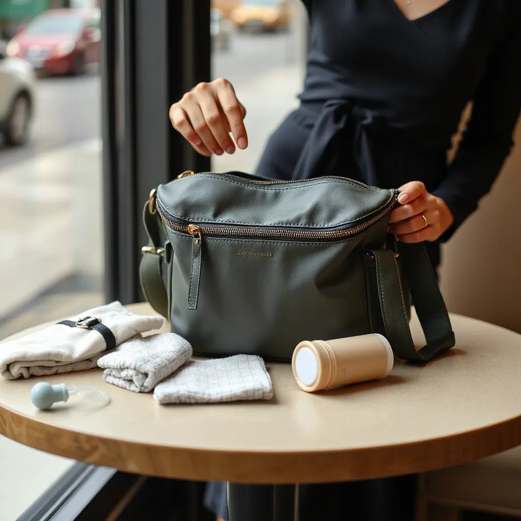 Fashionable diaper bag on a table with baby essentials beside a parent adjusting the strap