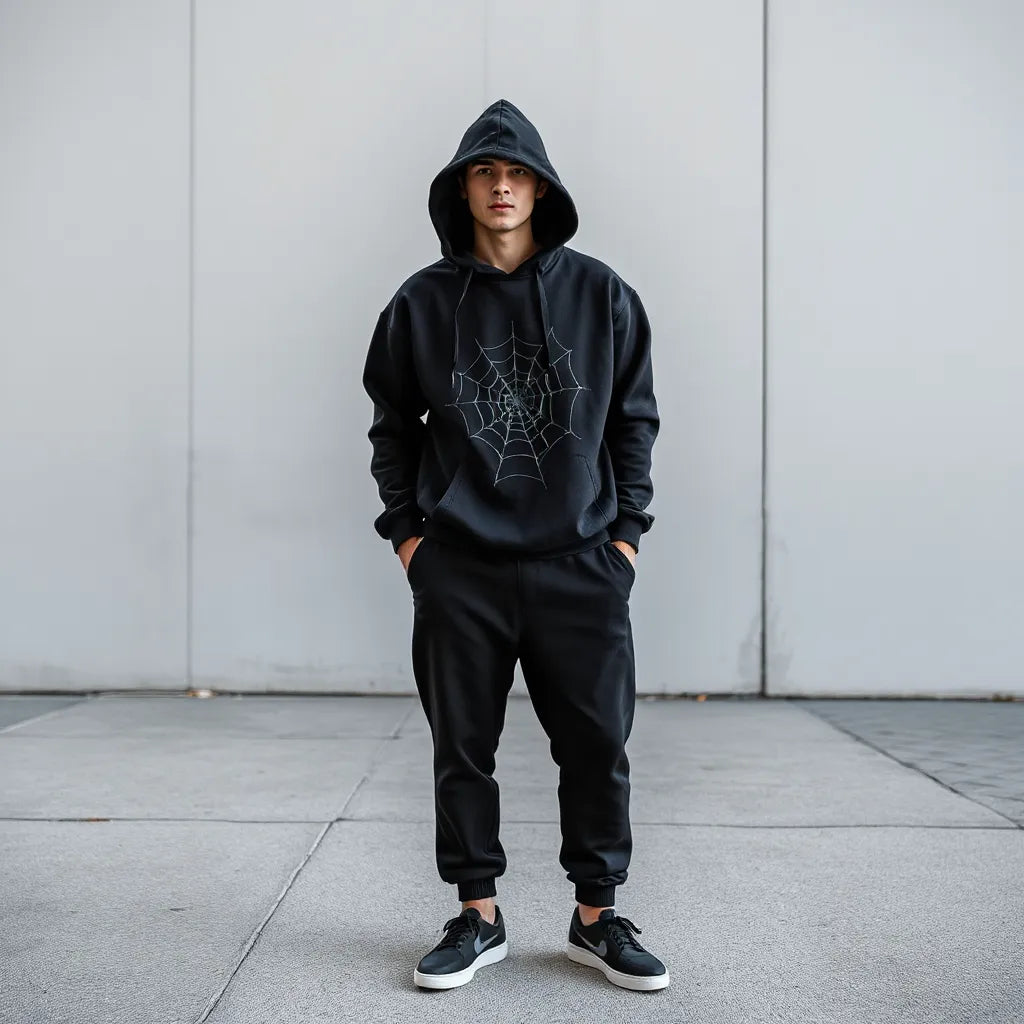 Dark Sp5der graphic hoodie with prominent web-like print styled with neutral streetwear