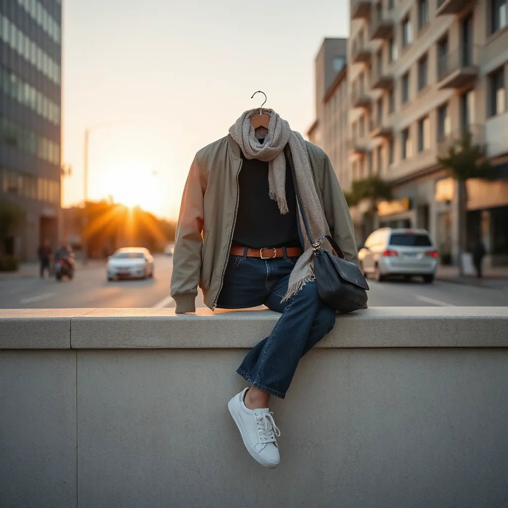 Neutrals-based street outfit essentials laid out on a concrete ledge with jacket, jeans, sneakers, and bag
