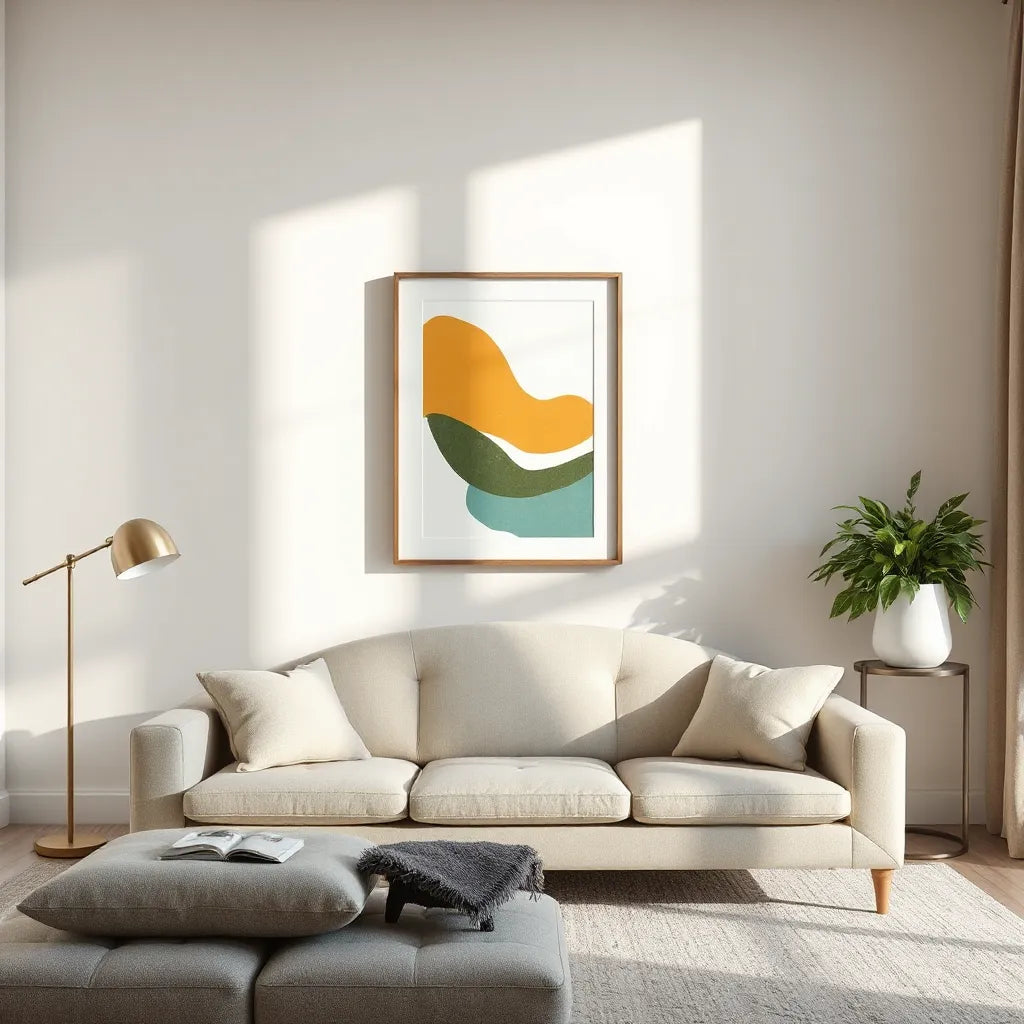Large framed wall art with bold abstract design on a neutral living room accent wall