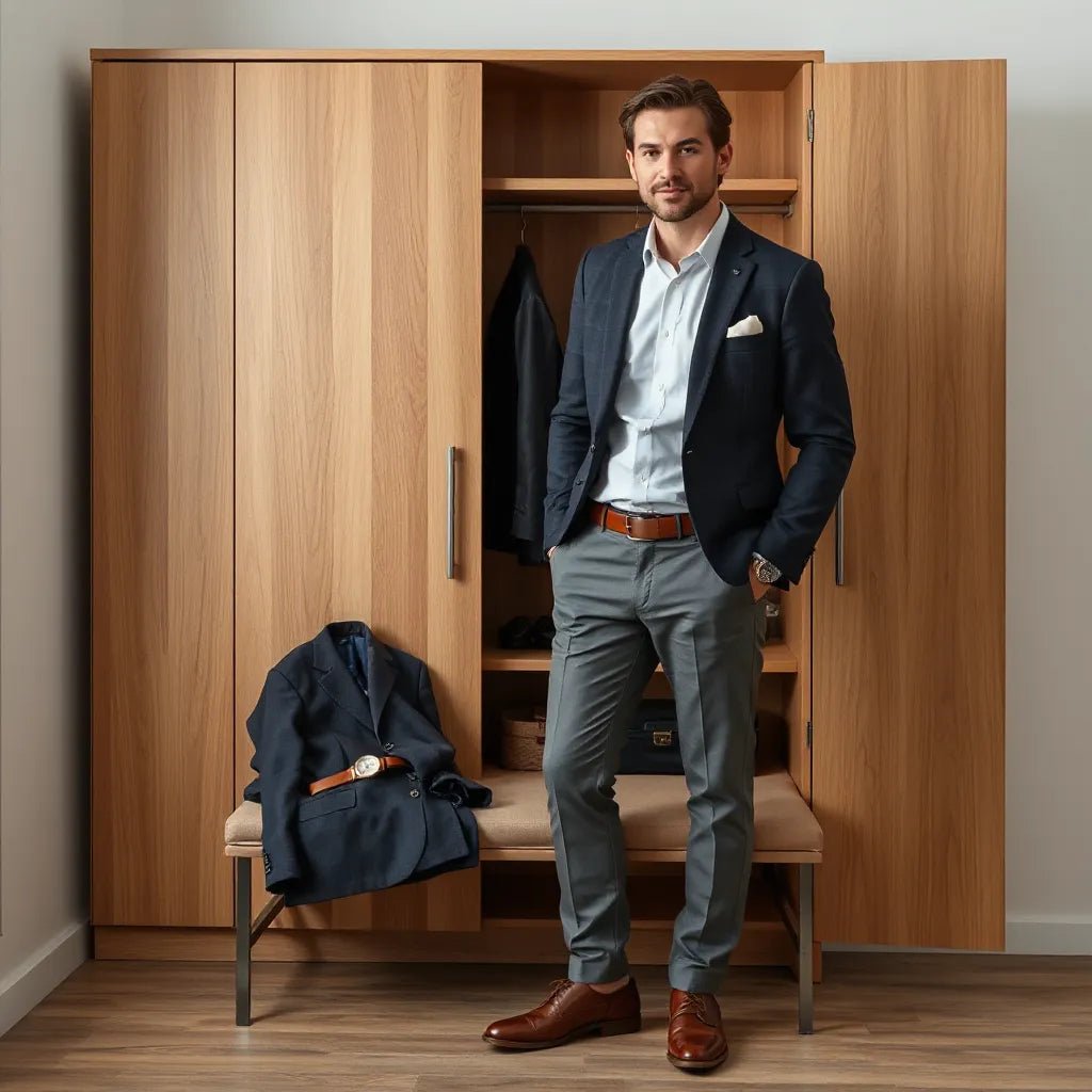 Man in a tailored outfit beside a minimal wardrobe with neatly arranged essentials