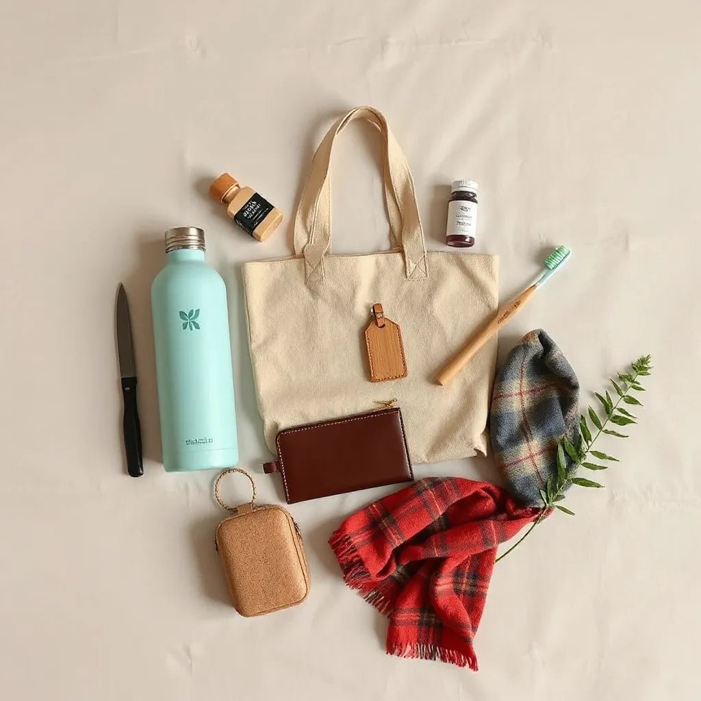 Reusable travel items arranged in a minimal flat lay for an eco-friendly trip