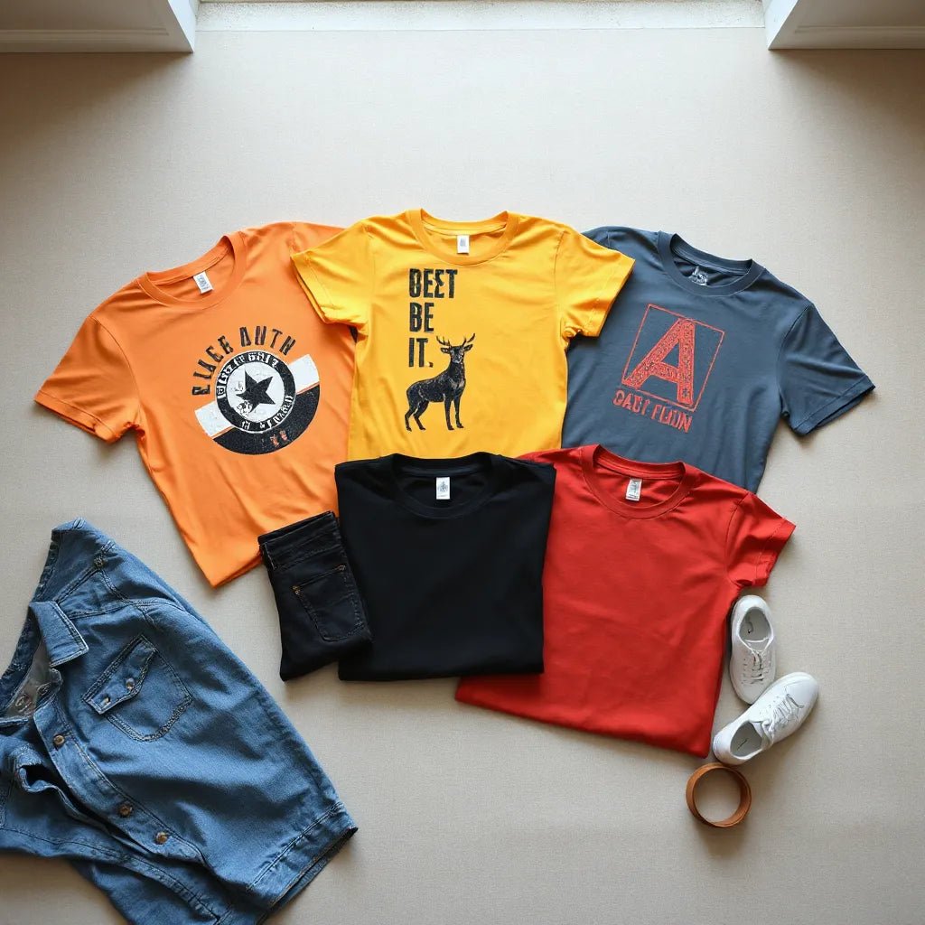 Assorted graphic tees with different prints laid out with simple outfit accessories