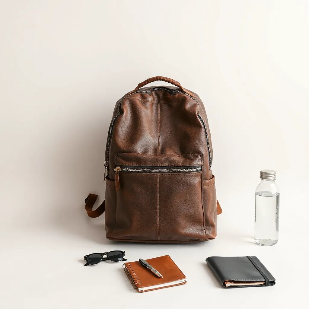 Designer backpack with premium materials and visible details next to everyday essentials on a neutral surface