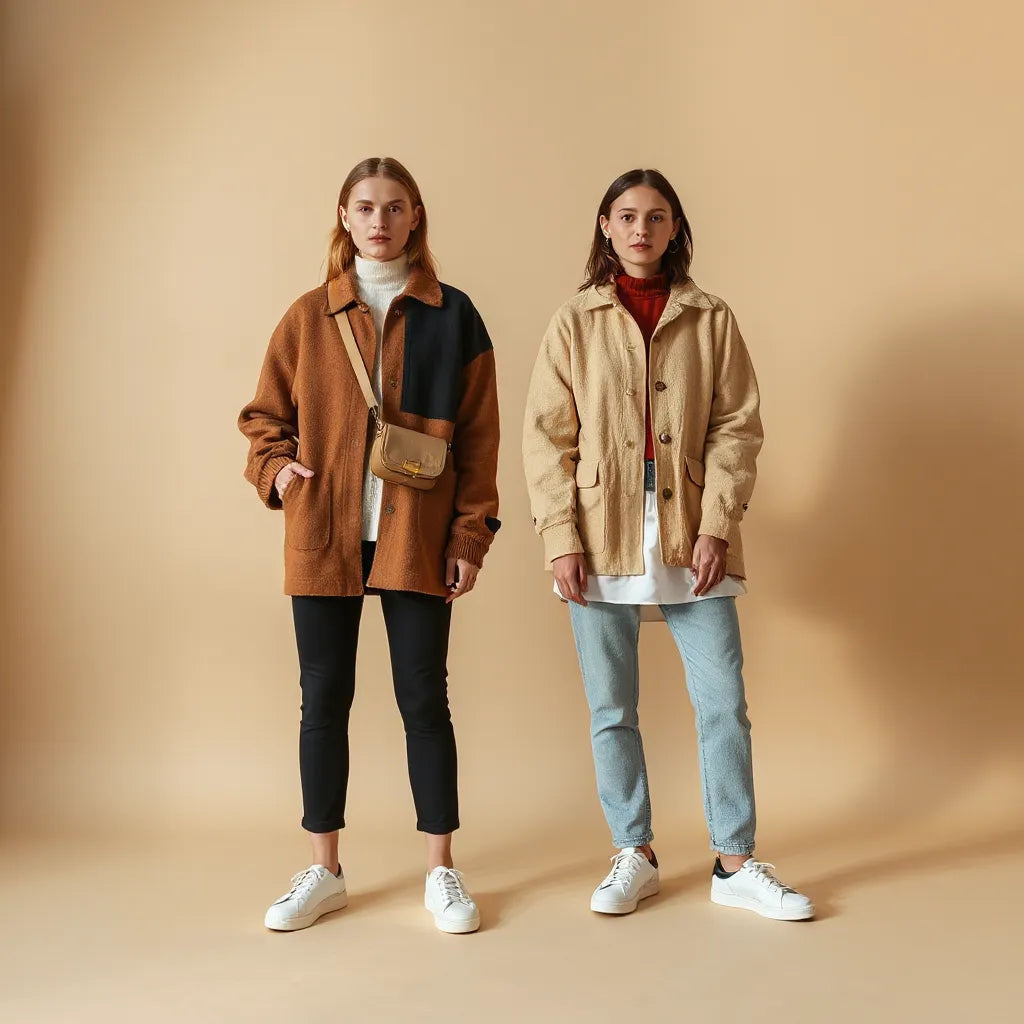 Two models in coordinated outfits featuring premium collaboration-inspired details against a neutral studio background