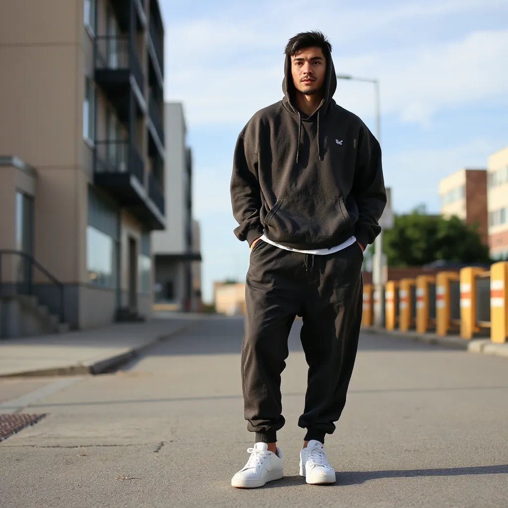 Person in an oversized streetwear fit outfit with a relaxed hoodie and baggy pants walking in a clean urban setting