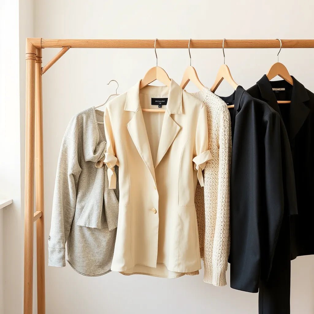 Minimal clothing rack with tailored blazer and premium garments in neutral tones under soft natural light