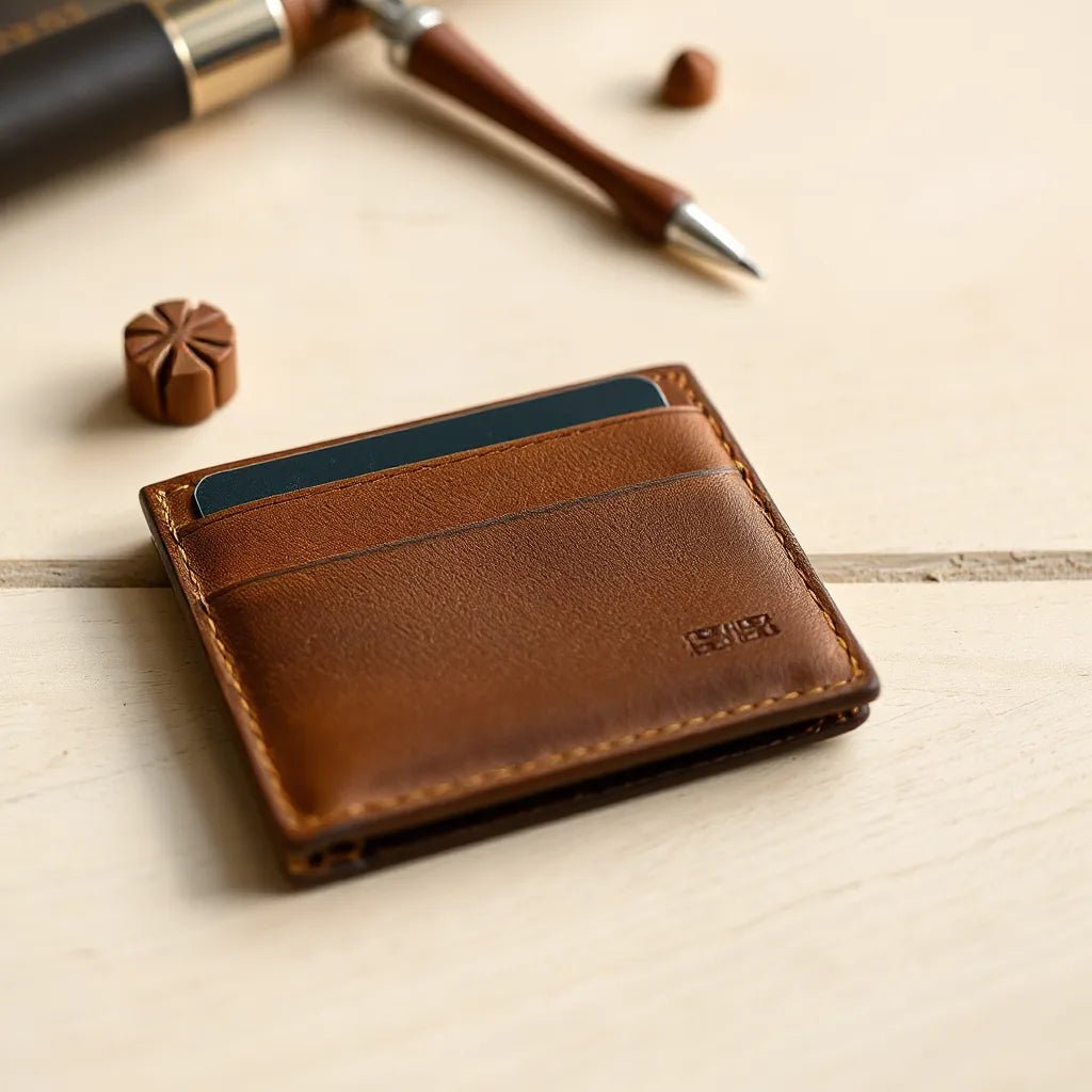Premium leather wallet with visible stitching and grain on a light wood surface in warm natural light