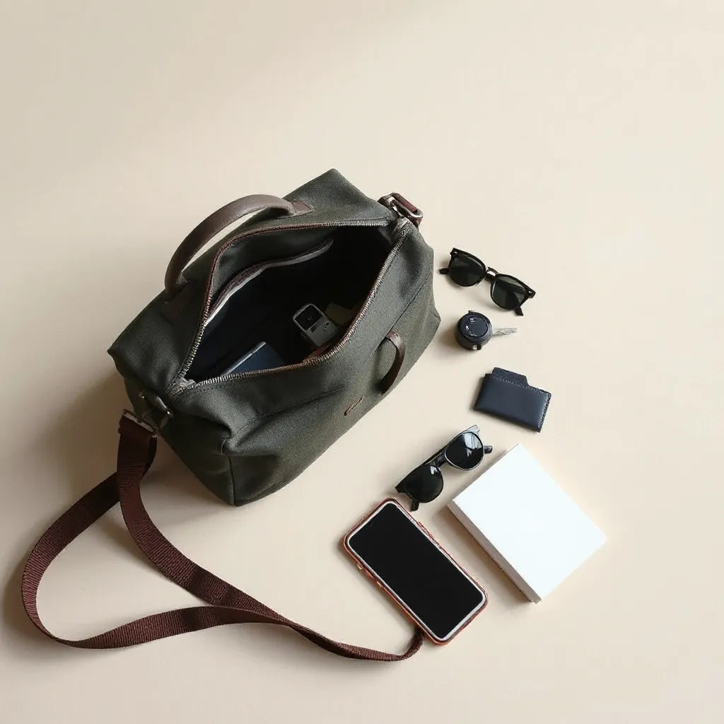 Modern everyday carry bag with neatly arranged essentials on a neutral tabletop