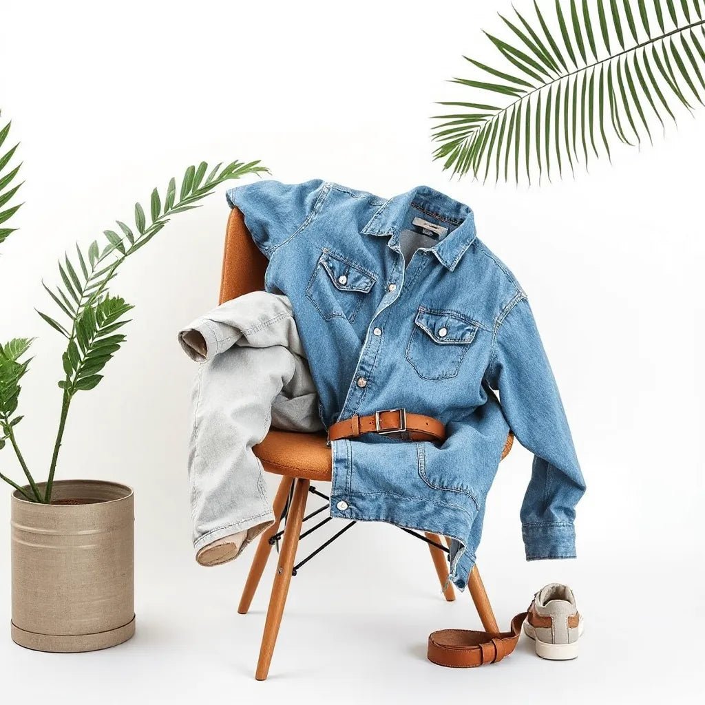 Light-wash denim jacket and straight-leg jeans styled on a neutral background for casual outfit inspiration