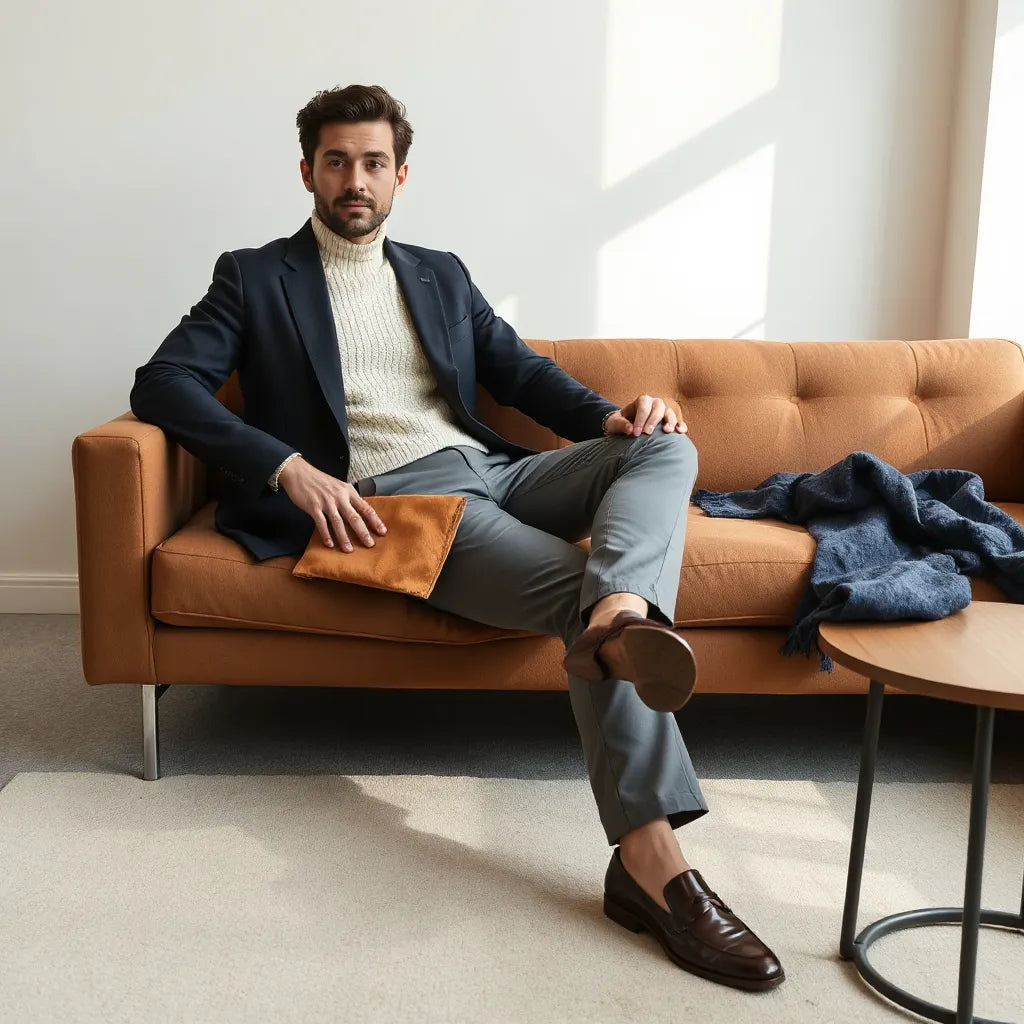 Person styling a tailored blazer with soft knit top and relaxed trousers in a bright, minimal room