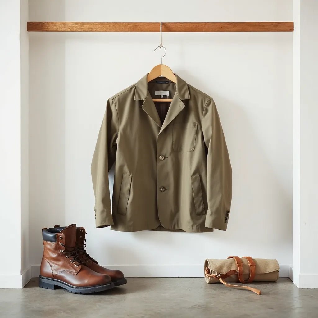 Premium work jacket on a wooden hanger in a minimalist workshop setting with soft natural lighting
