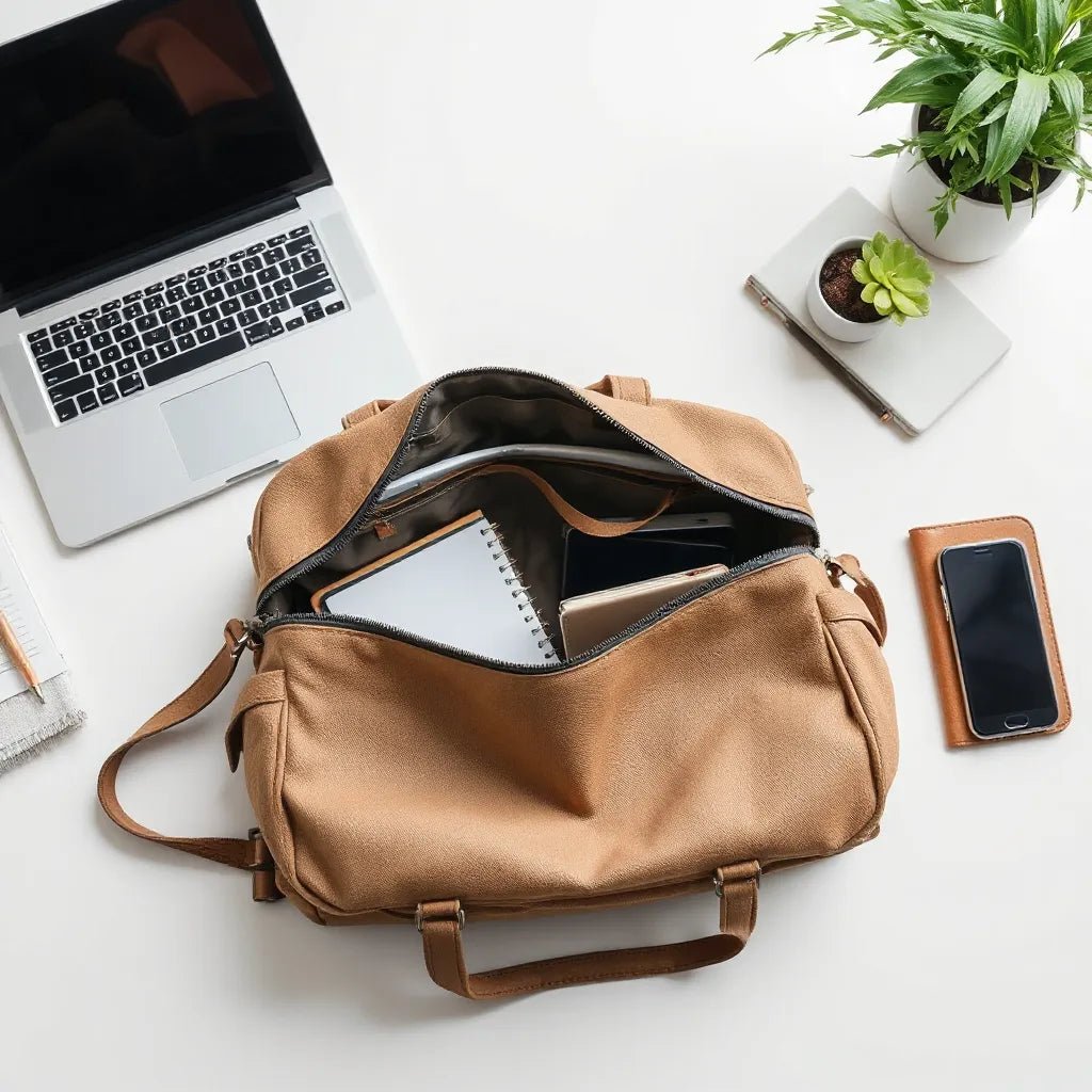 Multifunctional work bag with visible compartments beside a laptop, planner, and phone on a tidy desk