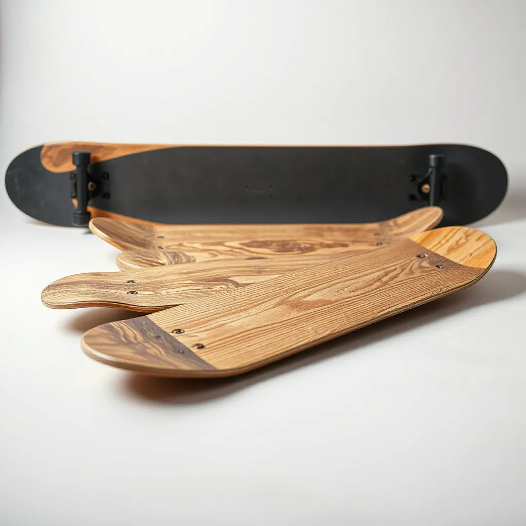 Multiple skateboard decks laid out with visible wood grain and grip tape texture on a clean studio surface