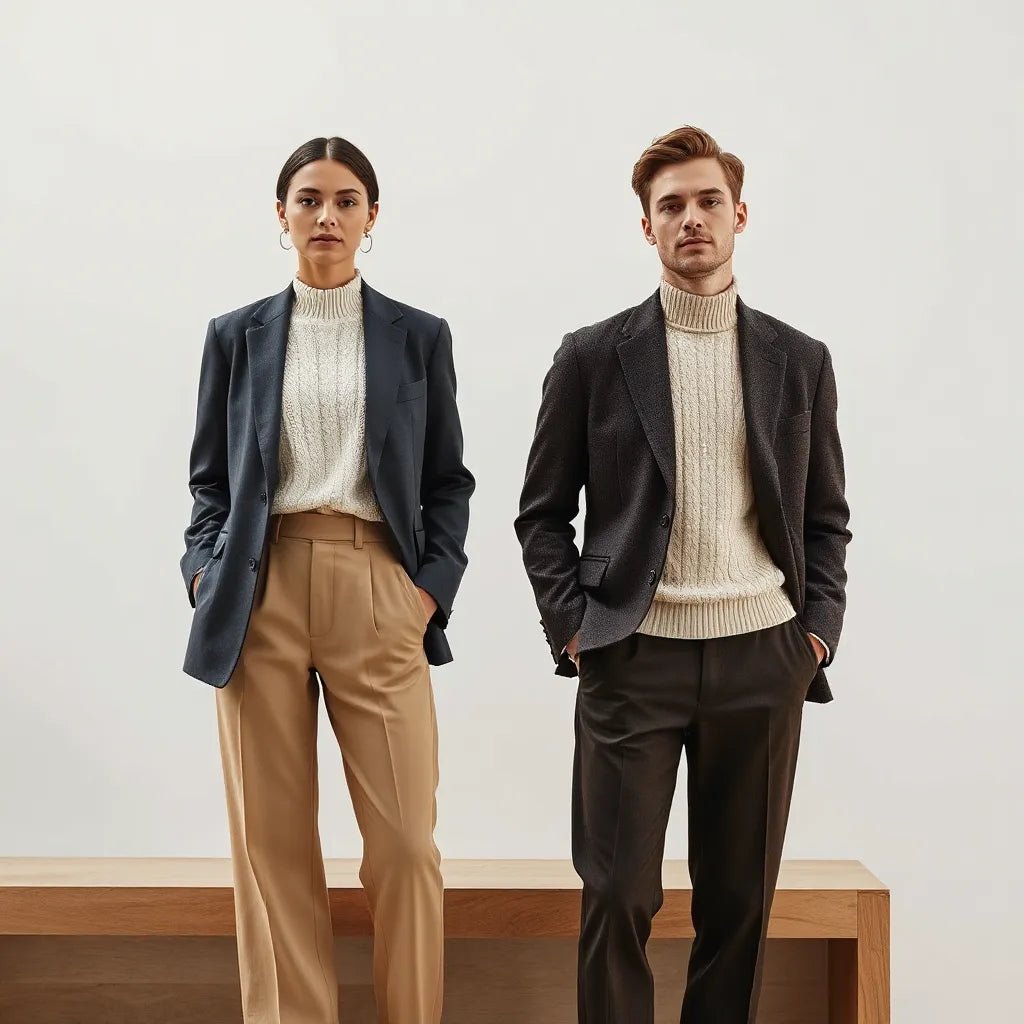 Two models wearing coordinated premium unisex outfits in neutral tones with visible fine fabric textures.