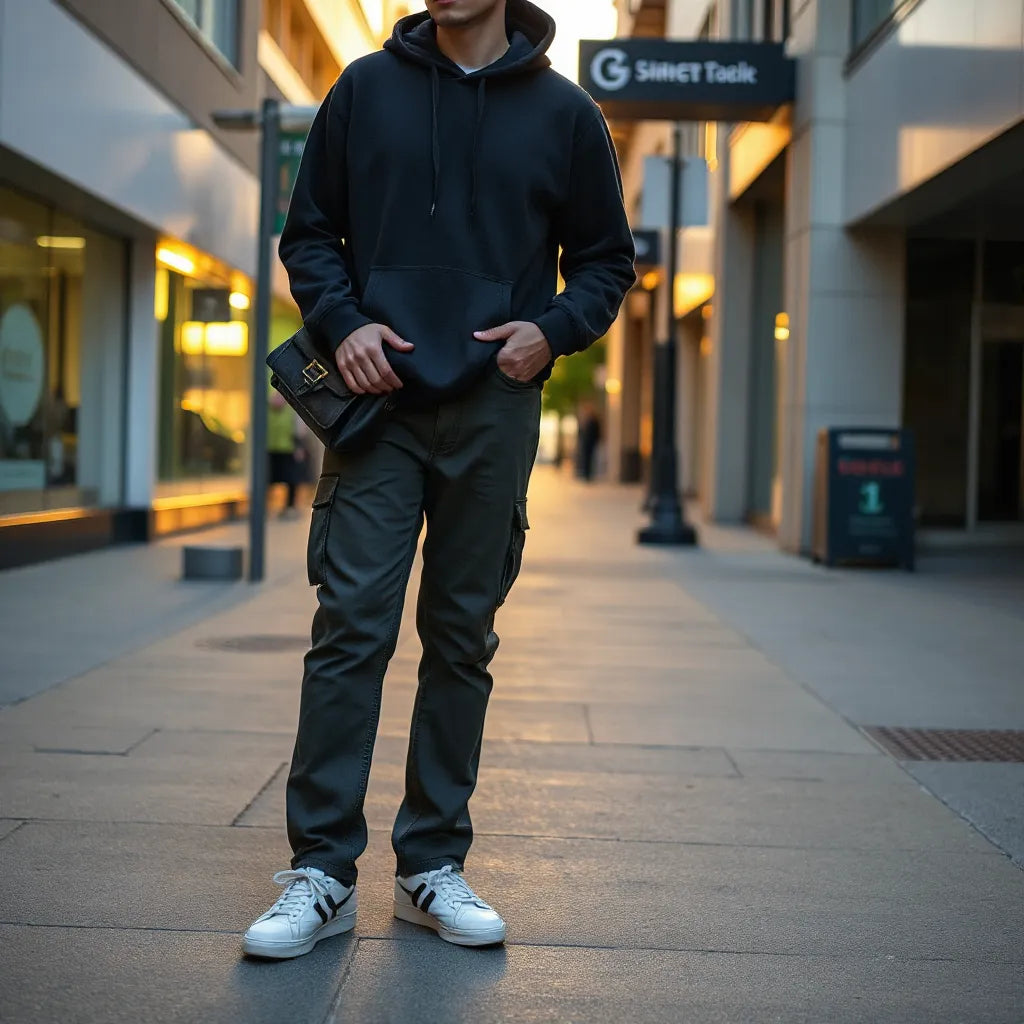 Street-style outfit with layered hoodie, relaxed jeans, sneakers, and a crossbody bag on an urban sidewalk