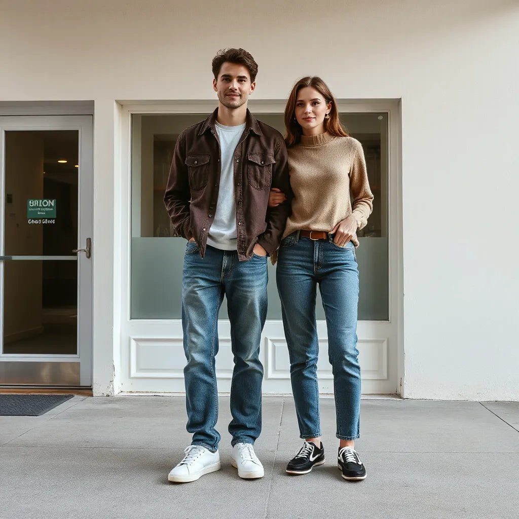 Young adults in casual streetwear outfits near a minimal storefront in natural daylight