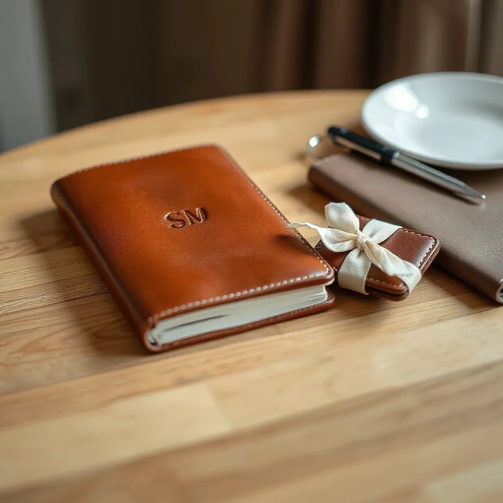 Leather journal and accessories with a monogram, arranged as a thoughtful personalized gift set