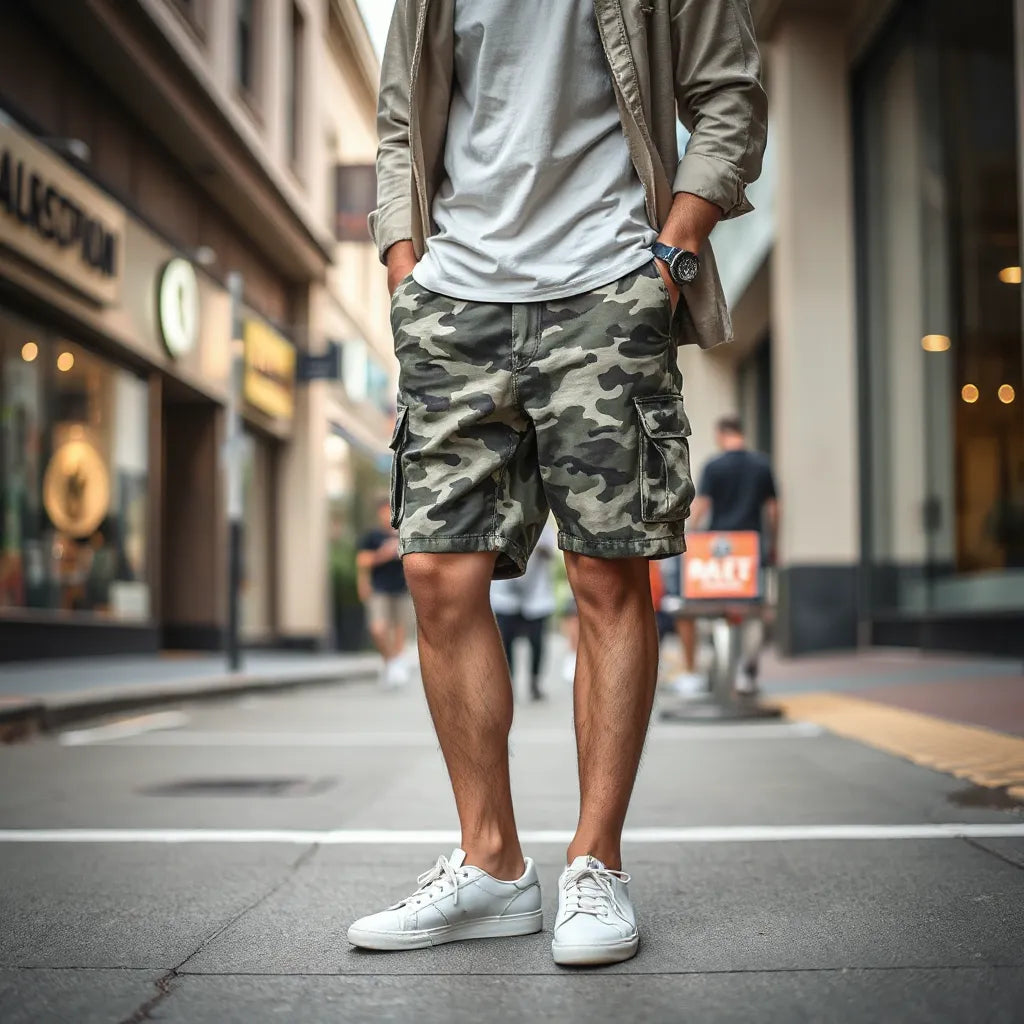 Person wearing camo street shorts with a plain T-shirt and neutral sneakers on a city sidewalk