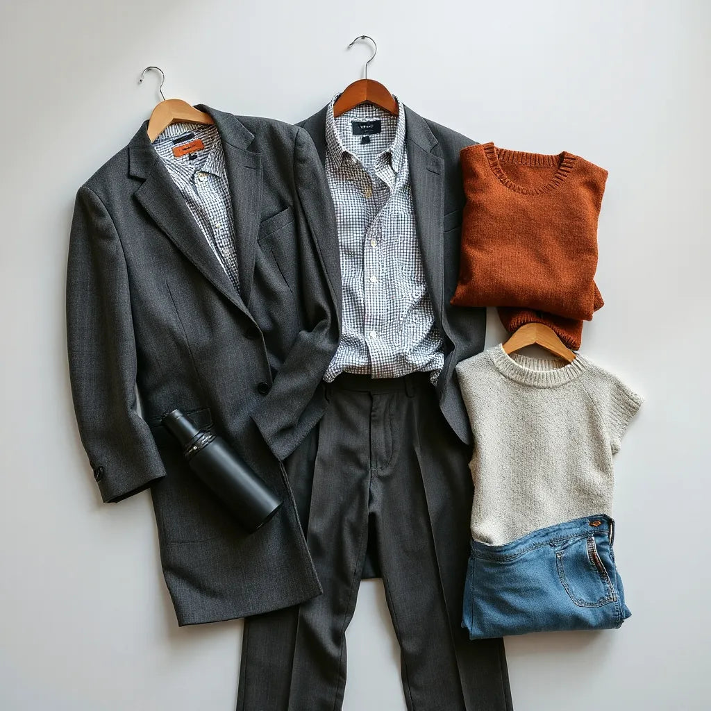 Assorted tailored and textured clothing pieces arranged neatly on a neutral background