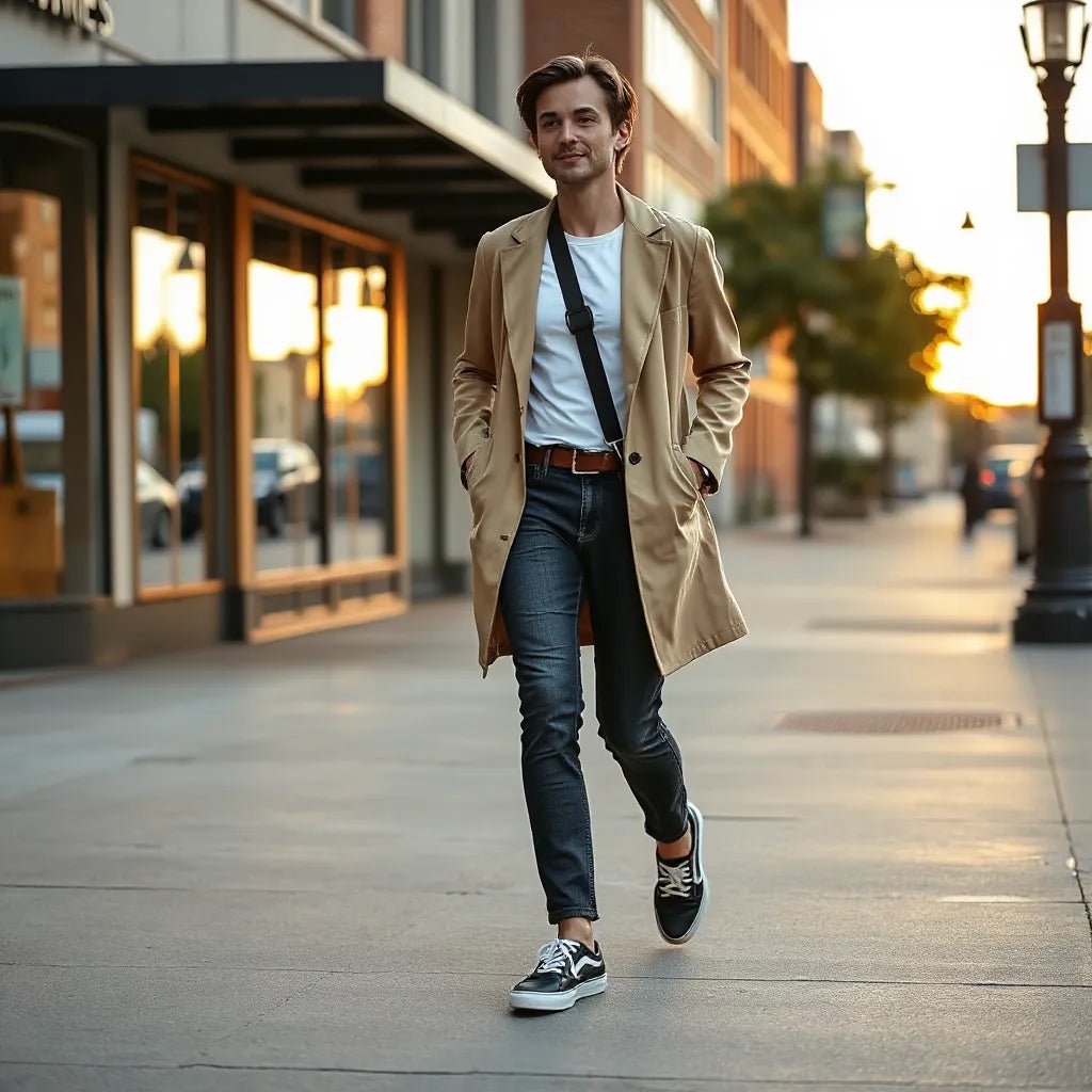 Person in a neutral trench coat and jeans with sleek sneakers walking on an urban street at golden hour