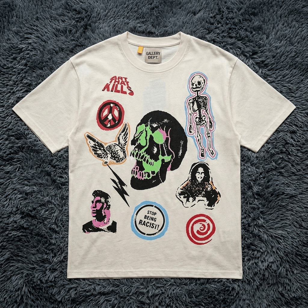 Gallery Dept. Cream "Art That Kills" Multi-Graphic Sticker T-Shirt