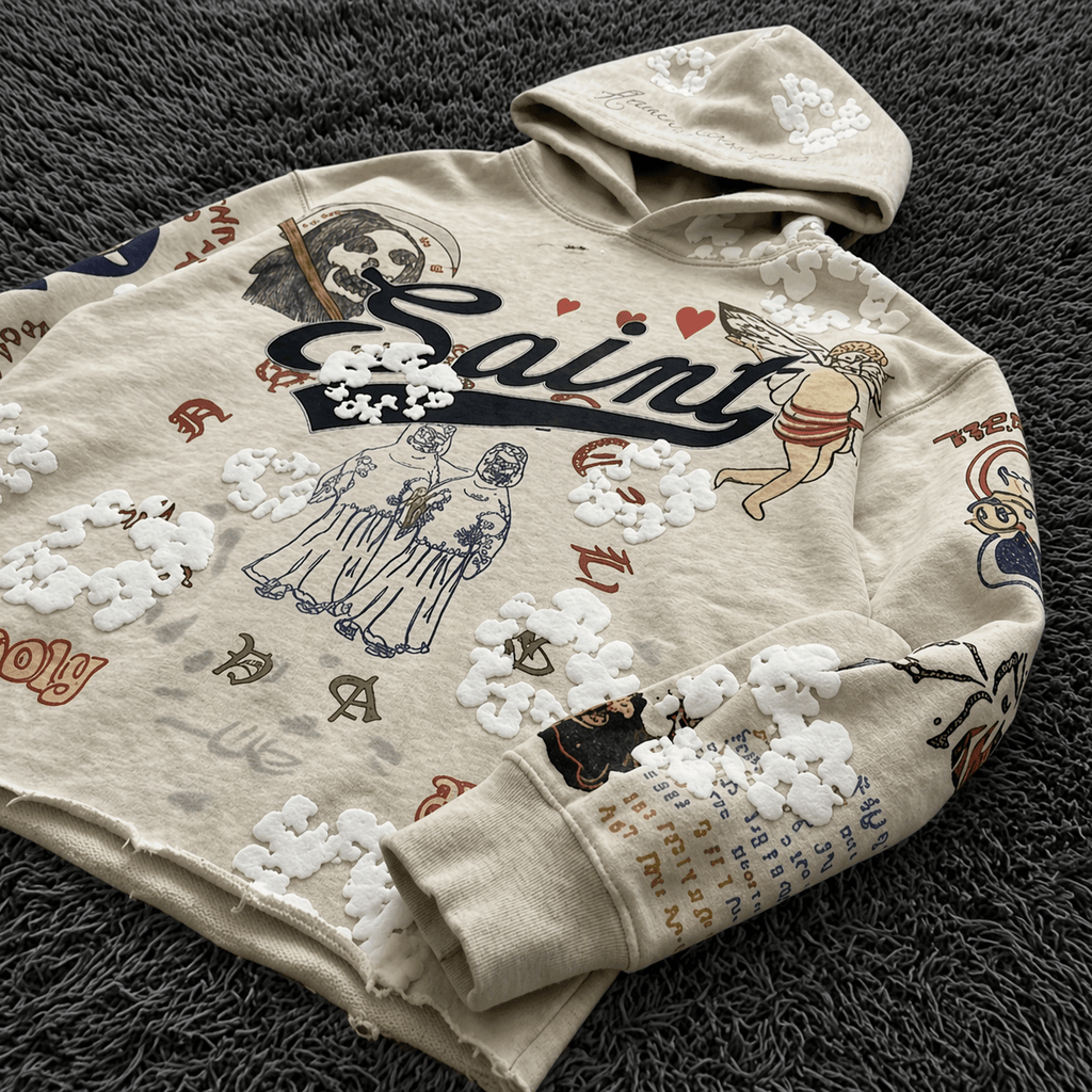 SAINT MxxxWxxx Graffiti Collage Hoodie - Distressed Saint/Reaper Graphic