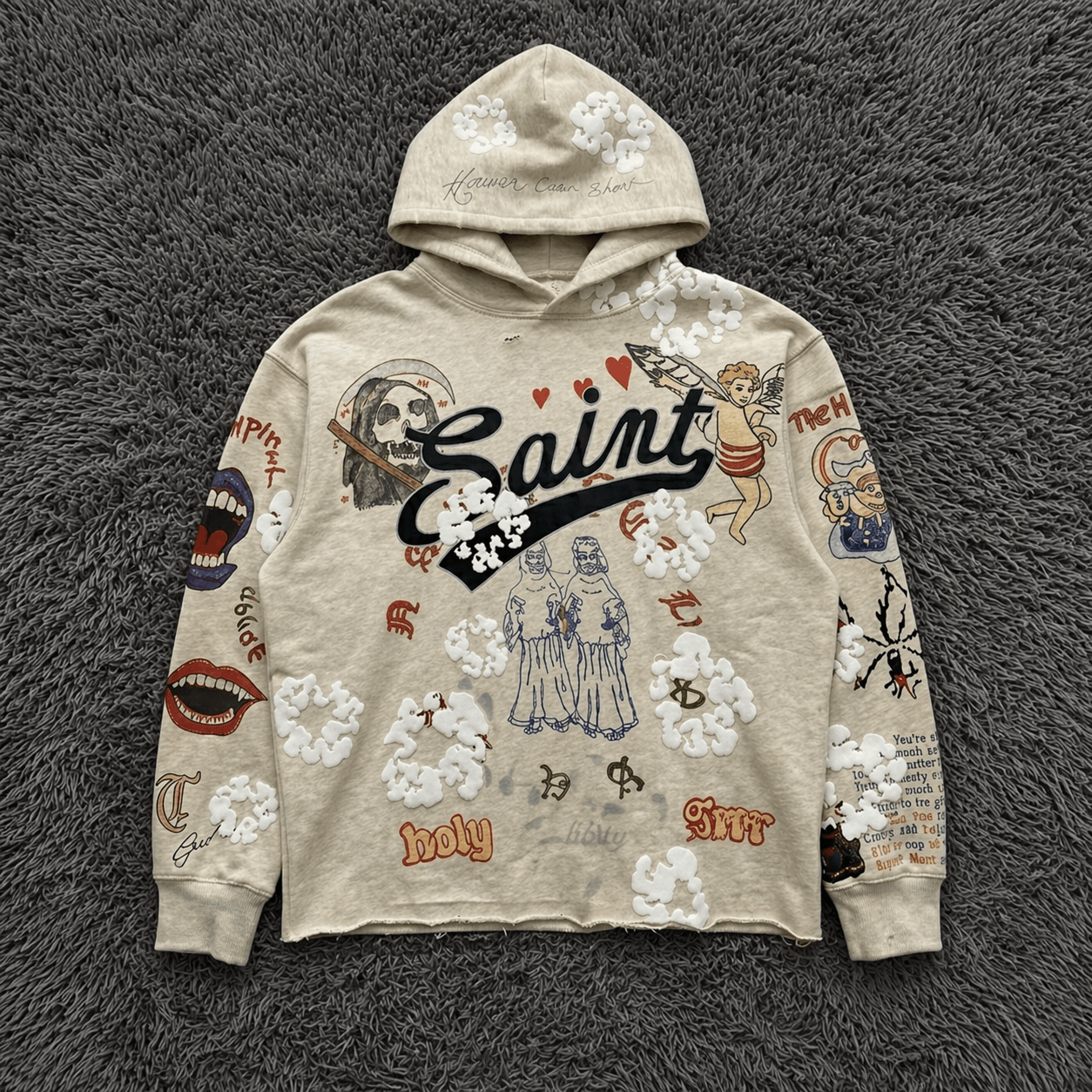 SAINT MxxxWxxx Graffiti Collage Hoodie - Distressed Saint/Reaper Graphic