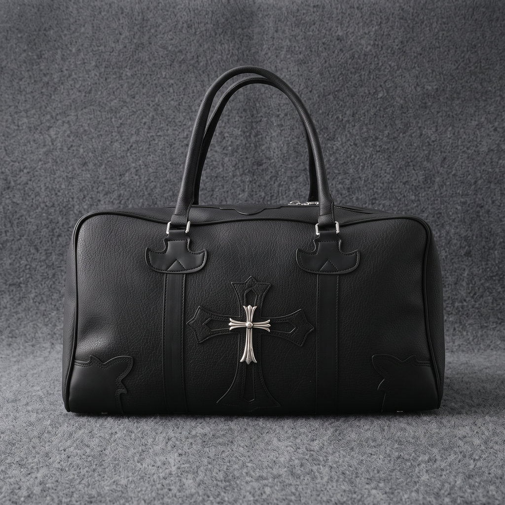 Chrome Hearts Black Leather Cross Duffle Bag
