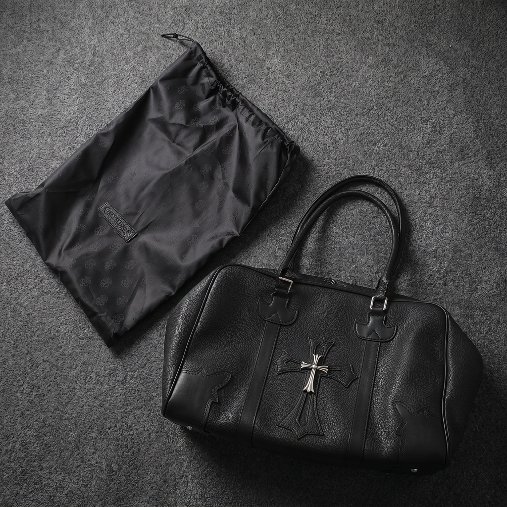 Chrome Hearts Black Leather Cross Duffle Bag