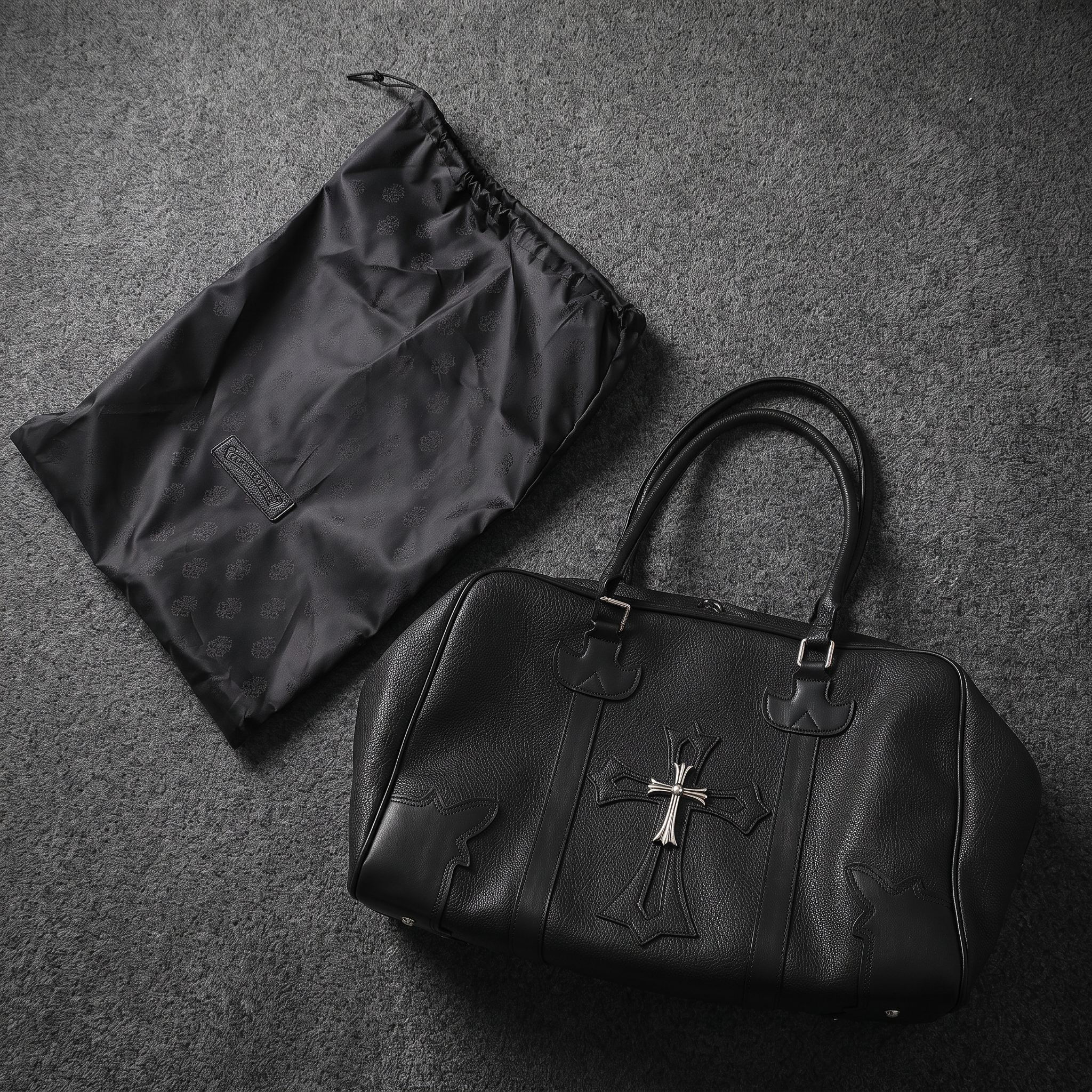 Chrome Hearts Black Leather Cross Duffle Bag